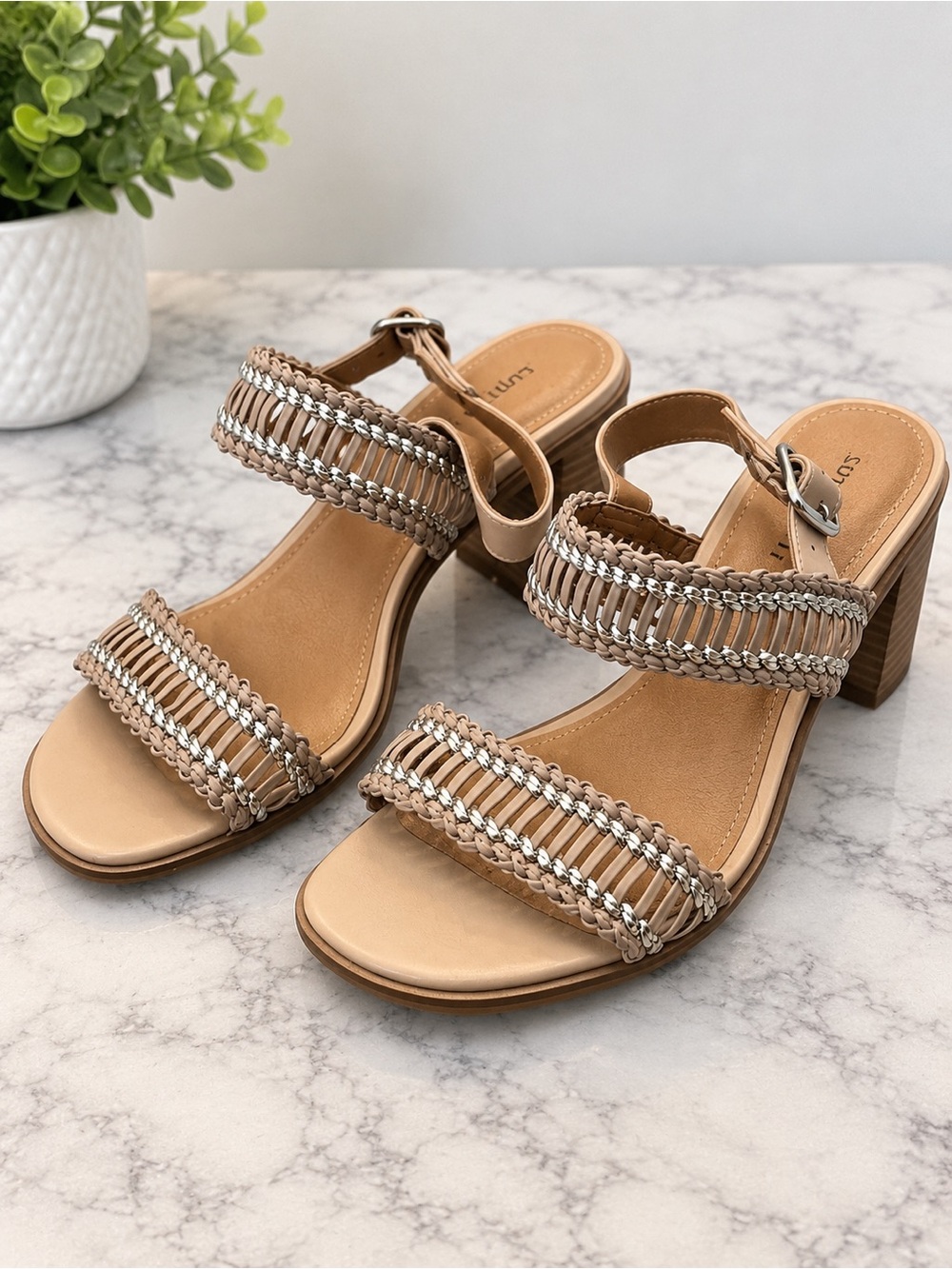 Strappy Woven Block Heel Sandals - Tan